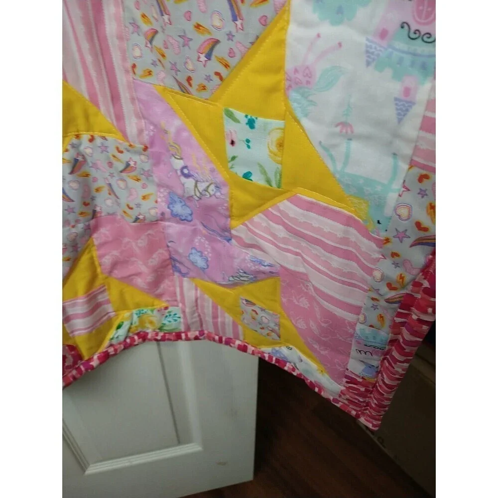Handmade unicorn Rainbow Flower Heart Quilted Girls Lap/baby Quilt Size37.5